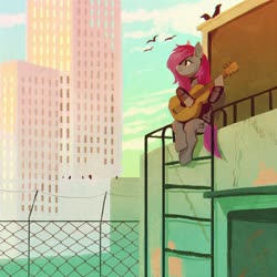 Size: 1600x1600 | Tagged: safe, artist:dearmary, oc, oc only, earth pony, pony, city, guitar, musical instrument, solo