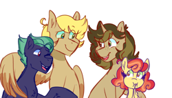Size: 1280x727 | Tagged: safe, artist:cubbybatdoodles, oc, oc only, oc:brown butter, oc:hopscotch, oc:whimsical note, oc:wind biter, earth pony, pegasus, pony, unicorn, brother and sister, brothers, female, filly, freckles, hug, male, mare, offspring, older, one eye closed, parent:derpy hooves, parent:ditzy doo, parent:doctor whooves, parent:time turner, parents:doctorderpy, siblings, simple background, sisters, smiling, sombra eyes, stallion, white background, winghug