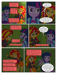 Size: 612x792 | Tagged: safe, artist:greatdinn, artist:newbiespud, edit, edited screencap, screencap, spike, sunset shimmer, twilight sparkle, dog, comic:friendship is dragons, equestria girls, g4, my little pony equestria girls, annoyed, backpack, clothes, collaboration, comic, crossed arms, cutie mark, cutie mark on clothes, dialogue, eyes closed, female, lockers, male, screencap comic, spike the dog