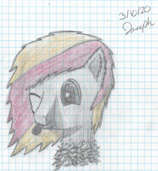 Size: 3457x3736 | Tagged: safe, artist:solder point, oc, oc only, oc:solder point, earth pony, pony, bust, chest fluff, cute, ear fluff, graph paper, high res, male, one eye closed, shading, signature, solo, stallion, tongue out, traditional art, wink