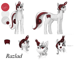 Size: 1698x1500 | Tagged: safe, artist:nsilverdraws, oc, oc:razlad, pony, colored, front view, helix horn, horn, jojo, reference sheet, shocked, side view, smug