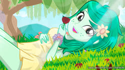 Size: 1920x1080 | Tagged: safe, alternate version, artist:charliexe, wallflower blush, equestria girls, g4, beautiful, clothes, crepuscular rays, cute, dress, female, flower, flower in hair, flowerbetes, freckles, grass, solo, tree, wallflower and plants, wallpaper
