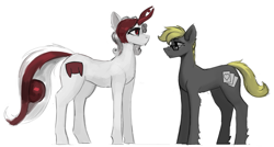 Size: 1434x767 | Tagged: safe, artist:nsilverdraws, oc, oc only, oc:razlad, oc:trestle, pony, cool, glasses, height difference, helix horn, horn, leg fluff, reference sheet, simple background, size difference, white background