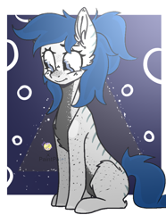 Size: 702x942 | Tagged: safe, artist:moonglow-w, oc, oc:mystic harmony, hybrid, zony, abstract background, blue mane, blue tail, body freckles, chest fluff, dark belly, ear fluff, ear markings, female, freckles, long pony, mare, polaroid, reverse countershading, simple background, sitting, solo, stripes, tail, ych result