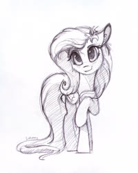 Size: 2400x3000 | Tagged: safe, artist:lollipony, fluttershy, pegasus, pony, g4, cute, female, flower, flower in hair, grayscale, high res, mare, monochrome, raised hoof, shyabetes, simple background, sketch, solo, traditional art, white background