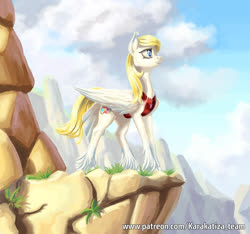Size: 1300x1219 | Tagged: safe, artist:kirillk, oc, oc only, oc:candice, pegasus, pony, fanfic:twilight's nightmare, cliff, ear tufts, fanfic art, female, hooves, illustration, magic, mare, outdoors, slit pupils, solo, sunlight, tail, tail feathers, unshorn fetlocks, wings