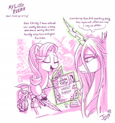 Size: 2062x2205 | Tagged: safe, artist:jowyb, queen chrysalis, starlight glimmer, changeling, changeling queen, pony, unicorn, series:my little roomie, g4, book, dialogue, duo, eyes closed, female, high res, inkwell, magic, mare, monochrome, open mouth, quill, roommates, simple background, speech bubble, telekinesis, thinking, thought bubble, white background