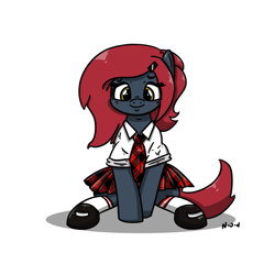 Size: 1075x1030 | Tagged: safe, artist:n-o-n, oc, oc only, oc:jessi-ka, pony, clothes, female, looking at you, mary janes, plaid, plaid skirt, pleated skirt, school uniform, schoolgirl, shoes, simple background, sit, sitting, skirt, smiling, socks, solo, white background