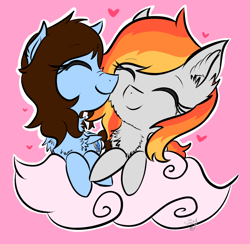Size: 1450x1414 | Tagged: safe, artist:shinycyan, oc, oc:shinycyan, oc:tridashie, pegasus, adorable face, cheek kiss, chest fluff, chibi, cloud, couple, cute, digital art, fluffy, heart, hearts and hooves day, kissing, love, nuzzling, shipping