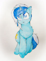 Size: 3024x4032 | Tagged: safe, artist:papersurgery, minuette, pony, unicorn, g4, chest fluff, ear fluff, female, looking at you, mare, simple background, sitting, solo, traditional art, watercolor painting