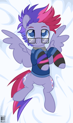 Size: 1476x2500 | Tagged: safe, artist:dianamur, oc, oc only, oc:ultraviolet ray, pegasus, pony, icey-verse, bedroom eyes, body pillow, body pillow design, clothes, fingerless gloves, glasses, gloves, hoodie, lip bite, lip piercing, magical lesbian spawn, male, malesub, multicolored hair, offspring, on back, parent:oc:elizabat stormfeather, parent:tempest shadow, parents:canon x oc, parents:stormshadow, piercing, raised hoof, shirt, solo, stallion, submissive, wristband, ych result
