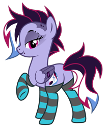 Size: 2100x2500 | Tagged: safe, artist:binakolombina, oc, oc only, oc:brie spacer, pegasus, pony, bedroom eyes, butt, clothes, eyeshadow, female, high res, lip piercing, makeup, mare, multicolored hair, piercing, plot, raised hoof, ring, simple background, socks, solo, striped socks, transparent background