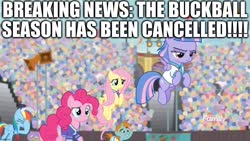 Size: 1366x768 | Tagged: safe, edit, edited screencap, editor:useraccount, screencap, fluttershy, pinkie pie, rainbow dash, snips, wind sprint, earth pony, pony, common ground, g4, basketball, breaking news, buckball, caption, coach rainbow dash, coronavirus, covid-19, excessive exclamation marks, facehoof, image macro, implied coronavirus, meme, nba, rainbow dashs coaching whistle, sports, text, unimpressed, whistle, whistle necklace