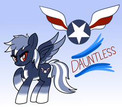 Size: 1218x1068 | Tagged: safe, artist:notadeliciouspotato, oc, oc only, oc:dauntless, pegasus, pony, colored wings, colored wingtips, commission, cutie mark, female, frown, gradient background, lidded eyes, mare, raised hoof, reference sheet, solo, spread wings, wings