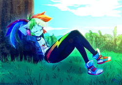 Size: 1447x1005 | Tagged: safe, artist:manic-the-lad, rainbow dash, equestria girls, g4, a dash of everything, alternate hairstyle, converse, eyes closed, female, ponytail, shoes, solo