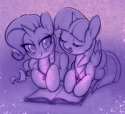Size: 2513x2278 | Tagged: safe, artist:dawnfire, rarity, twilight sparkle, alicorn, pony, unicorn, fanfic:the enchanted kingdom, fanfic:the enchanted library, g4, book, duo, eyes closed, fanfic art, female, high res, jewelry, lesbian, mare, monochrome, necklace, purple background, ship:rarilight, shipping, simple background, twilight sparkle (alicorn)