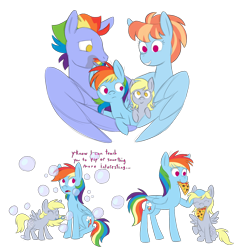 Size: 2500x2616 | Tagged: safe, artist:roseyicywolf, bow hothoof, derpy hooves, rainbow dash, windy whistles, pegasus, pony, fanfic:bubbles, rainbow dash presents, g4, adopted, alternate universe, backwards cutie mark, bubble, bubble wand, female, filly, filly derpy, filly rainbow dash, food, head pat, high res, male, mare, mouth hold, no pupils, pat, pizza, siblings, simple background, sisters, stallion, that pony sure does love pizza, transparent background, younger