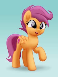 Size: 800x1064 | Tagged: safe, artist:jhayarr23, scootaloo, pegasus, pony, g4, commission, cute, cutealoo, female, gradient background, happy, mare, movie accurate, older, older scootaloo, open mouth, open smile, raised hoof, smiling, solo, spread wings, wings