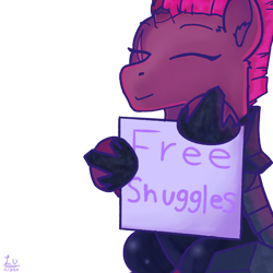 Size: 4096x4096 | Tagged: safe, artist:legionsunite, fizzlepop berrytwist, tempest shadow, pony, unicorn, g4, armor, broken horn, bronybait, cute, female, free snuggles, horn, mare, scar, sign, simple background, sitting, solo, tempestbetes, transparent background, vector