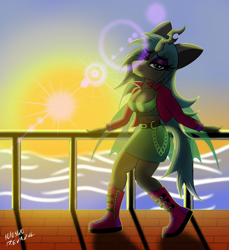 Size: 3200x3500 | Tagged: safe, artist:revazul, queen chrysalis, changeling, changeling queen, anthro, g4, beautisexy, belt, boots, breasts, cleavage, clothes, eyeliner, eyeshadow, female, high res, horn, lens flare, makeup, miniskirt, ocean, shoes, skirt, solo, sunset, wings