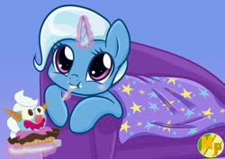 Size: 1280x904 | Tagged: safe, artist:mimicproductions, trixie, pony, g4, cape, clothes, cute, diatrixes, eating, eye, eyes, female, food, ice cream, looking at you, magic, solo, sundae, telekinesis, trixie's cape