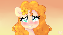 Size: 4591x2558 | Tagged: safe, artist:bunxl, pear butter, earth pony, pony, g4, the perfect pear, beautiful, blushing, cute, female, flower, flower in hair, flustered, grin, mare, pearabetes, pretty, scene interpretation, smiling, solo, sunset, wingding eyes