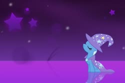 Size: 612x408 | Tagged: source needed, useless source url, safe, artist:wii4little, trixie, g4, cape, clothes, hat, horizon, purple background, stars, trixie's cape, trixie's hat, wallpaper