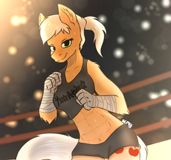 Size: 1158x1080 | Tagged: safe, artist:suchalmy, applejack, earth pony, pony, anthro, g4, abs, bandage, breasts, busty applejack, clothes, confident, fight, fighter, gym shorts, lights, offscreen character, pov, sexy, smiling, smiling at you, sweat, tank top, taped fists, thighs, thrasher, wrestling ring, wristband