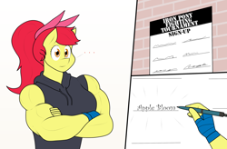 Size: 2048x1346 | Tagged: safe, artist:matchstickman, apple bloom, earth pony, anthro, matchstickman's apple brawn series, tumblr:where the apple blossoms, g4, ..., apple bloom's bow, apple brawn, biceps, bow, breasts, busty apple bloom, clothes, deltoids, female, hair bow, mare, muscles, muscular female, older, older apple bloom, poster, signature, simple background, sleeveless sweater, solo, sweater, tournament, tumblr comic, white background