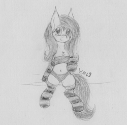 Size: 2364x2316 | Tagged: safe, artist:wapamario63, fluttershy, pegasus, pony, g4, bandeau, belly button, bra, bra on pony, clothes, female, high res, mare, midriff, monochrome, panties, socks, solo, striped socks, traditional art, underwear