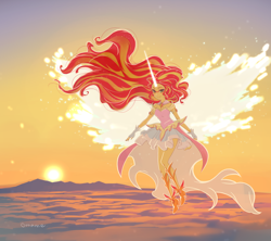 Size: 2700x2400 | Tagged: safe, artist:5mmumm5, sunset shimmer, human, equestria girls, g4, daydream shimmer, female, flying, glowing horn, high res, horn, horned humanization, humanized, jewelry, necklace, solo, sun, sunshine shimmer