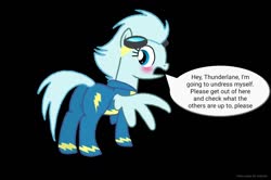 Size: 1024x678 | Tagged: safe, artist:crystal wishes, oc, oc only, oc:windy breeze, pegasus, pony, blushing, butt, clothes, featureless crotch, female, goggles, implied thunderlane, looking back, mare, plot, simple background, solo, spread wings, uniform, we don't normally wear clothes, wingboner, wings, wonderbolts, wonderbolts uniform