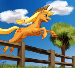 Size: 3300x3000 | Tagged: safe, artist:tauts05, applejack, earth pony, pony, g4, cloud, colored hooves, cowboy hat, female, fence, hat, high res, jumping, mare, solo, tree, underhoof, unshorn fetlocks