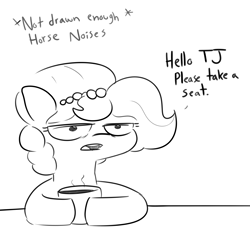 Size: 6750x6750 | Tagged: safe, artist:tjpones, oc, oc only, oc:brownie bun, earth pony, pony, horse wife, female, grayscale, implied tjpones, intervention, jewelry, mare, monochrome, mug, necklace, offscreen character, onomatopoeia, open mouth, pearl necklace, simple background, solo, white background