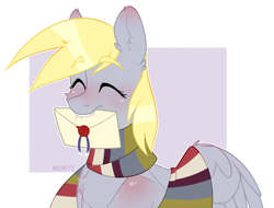 Size: 3943x3000 | Tagged: safe, artist:morttdecaipng, derpy hooves, pegasus, pony, g4, clothes, envelope, eyes closed, female, fourth doctor's scarf, high res, mare, mouth hold, scarf, solo, striped scarf
