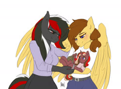 Size: 1400x1024 | Tagged: safe, artist:rensakai, oc, oc only, oc:emily, oc:scarlet spray, oc:soaring heart, earth pony, pegasus, unicorn, anthro, female, foal, lesbian, magical lesbian spawn, offspring, parent:scarlet spray, parent:soaring heart, signature, simple background, white background
