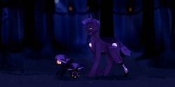 Size: 3000x1500 | Tagged: safe, artist:feather flare, derpibooru exclusive, oc, oc:night fog, oc:waning eclipse, cute, disabled, father and child, father and daughter, female, forest, hollow shades, male, night, night guard, painting, semi-detailed background