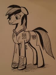 Size: 1711x2283 | Tagged: safe, artist:dyllan faust, oc, oc only, oc:blackjack, pony, unicorn, fallout equestria, fallout equestria: project horizons, clothes, female, jumpsuit, mare, photo, pipbuck, sketch, solo, traditional art, vault suit