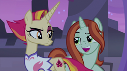Size: 1920x1080 | Tagged: safe, screencap, crackle cosette, fire flare, queen chrysalis, changeling, pony, unicorn, g4, the summer sun setback, clothes, concave belly, confused, disguise, disguised changeling, duo, evil grin, evil planning in progress, eyeshadow, female, former queen chrysalis, frown, grin, intruder, looking at each other, makeup, mare, night, raised eyebrow, shirt, slender, smiling, stage, talking, thin