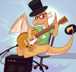 Size: 1053x999 | Tagged: safe, artist:php93, oc, oc:myoozik the dragon, dragon, dragon oc, electric guitar, glasses, guitar, hat, male, musical instrument, speaker