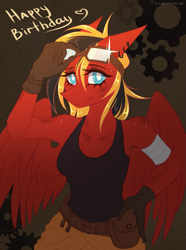 Size: 2323x3130 | Tagged: safe, artist:taleriko, oc, oc only, oc:twotail, pegasus, anthro, bandage, birthday, clothes, dirty, ear piercing, earring, female, gears, goggles, hand on hip, happy birthday, heart, high res, jewelry, looking at you, mare, piercing, signature, solo