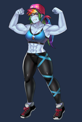 Size: 800x1200 | Tagged: safe, artist:tzc, rainbow dash, equestria girls, g4, abs, anime, armpits, bodybuilder, clothes, female, flexing, grin, muscles, muscular female, pants, rainbuff dash, shoes, smiling, sneakers, solo, sports bra