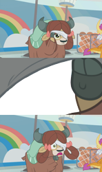 Size: 1356x2284 | Tagged: safe, edit, edited screencap, screencap, smolder, yona, yak, 2 4 6 greaaat, g4, blindfold, bow, cloven hooves, female, hair bow, meme template, monkey swings, peeking, simple background, template, transparent background