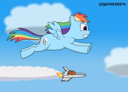 Size: 1280x924 | Tagged: safe, artist:gradiusfanatic, rainbow dash, pegasus, pony, g4, backwards cutie mark, crossover, flying, gradius, vic viper