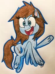 Size: 1524x2048 | Tagged: safe, artist:shinycyan, oc, oc only, oc:shinycyan, pegasus, pony, g4.5, my little pony: pony life, blue pony, chibi, colored, drawing, flying, happy, hooves up, smiling, solo, traditional art