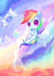 Size: 1280x1813 | Tagged: safe, artist:bronyazaych, rainbow dash, pegasus, pony, g4, cute, dashabetes, female, filly, filly rainbow dash, flying, mare, sky, smiling, solo, younger