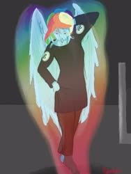 Size: 1920x2560 | Tagged: safe, artist:hikarikurai24587, rainbow dash, human, g4, female, folded wings, hair tie, humanized, mouth hold, solo, winged humanization, wings