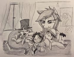 Size: 1024x793 | Tagged: safe, artist:shinycyan, oc, oc:shinycyan, earth pony, pegasus, pony, unicorn, drawing, foalsitter, hat, monkey d. luffy, monochrome, motherly, one piece, ponified, portgas d. ace, room, sabo, sleeping, traditional art