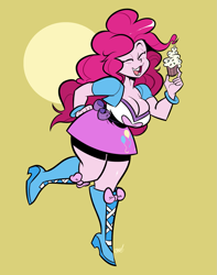 Size: 1197x1521 | Tagged: safe, artist:justindurden, pinkie pie, human, equestria girls, g4, boots, breasts, busty pinkie pie, cleavage, clothes, cupcake, cute, eyes closed, female, food, hand on hip, high heel boots, jacket, miniskirt, shirt, shoes, simple background, skirt, smiling, solo, vest, wide hips, wristband