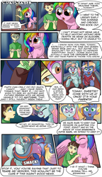 Size: 1800x3118 | Tagged: safe, artist:candyclumsy, oc, oc:aerial agriculture, oc:candy clumsy, oc:earthing elements, oc:tommy the human, human, pegasus, pony, comic:sick days, blushing, blushing profusely, book, book bag, butt, canterlot, canterlot castle, child, clothes, collar, comic, commissioner:bigonionbean, concerned, confused, cute, cutie mark, dialogue, female, flank, fusion, fusion:bow hothoof, fusion:cloudy quartz, fusion:gentle breeze, fusion:igneous rock pie, fusion:night light, fusion:posey shy, fusion:twilight velvet, fusion:windy whistles, galloping, glasses, grandparent and grandchild moment, grandparents, hallway, happy, hat, hug, human oc, husband and wife, lantern, maid, male, nuzzling, parent:cloudy quartz, parent:posey shy, parent:twilight velvet, parent:windy whistles, plot, pouring, rain, sad, spanking, spectacles, tail slap, the ass was fat, window, wing hold, writer:bigonionbean